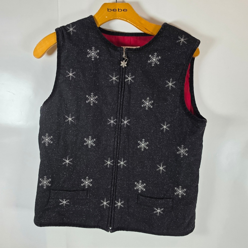 Talbots Womens Wool Blend Vest Black Silver Metallic Snowflake Red Lined Size S